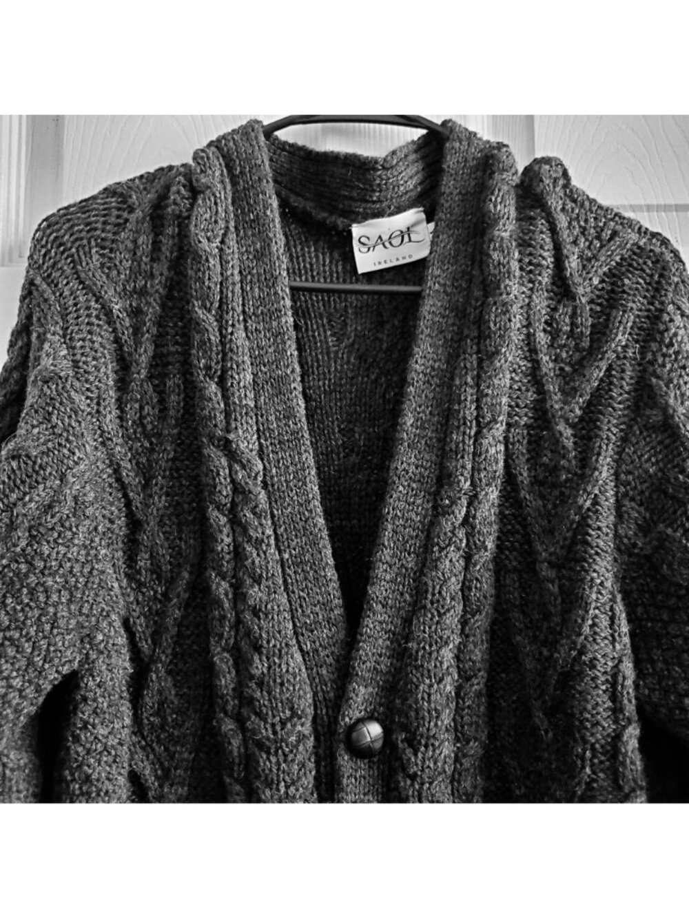 SAOL Merino Wool Cardigan L Made n Ireland Charcoal Leather Button Pristine Knit - Picture 2 of 11